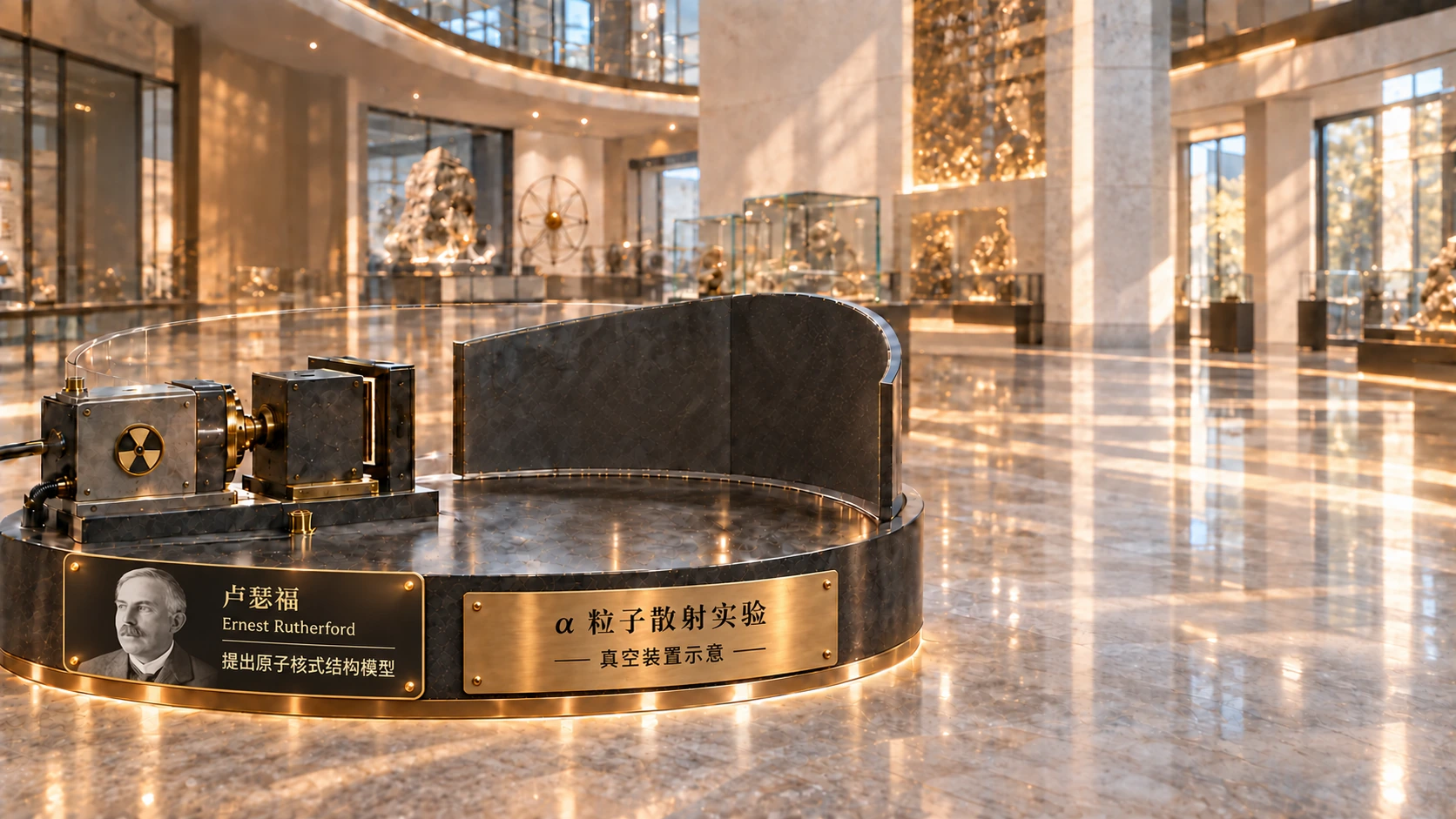 博物馆中的散射实验装置，展台铭牌介绍卢瑟福及其原子核式结构模型